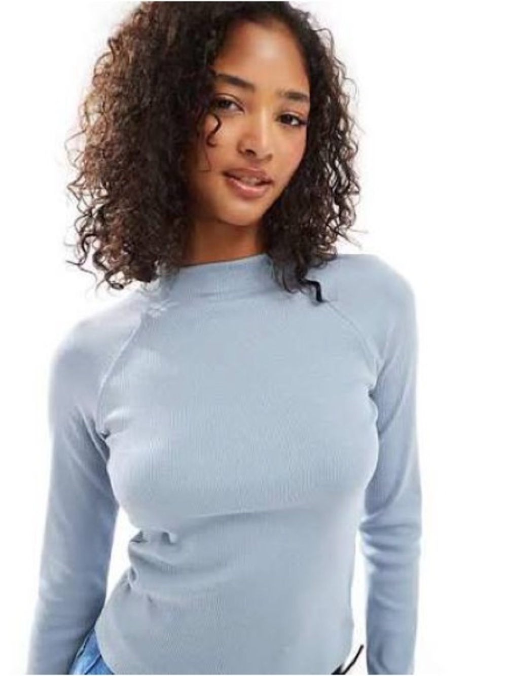 Stradivarius | Women’s Light Blue Ribbed Mock Neck Long Sleeve Bodycon Top Sz M